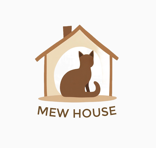 집 안의 갈색 고양이와 MEW HOUSE 로고